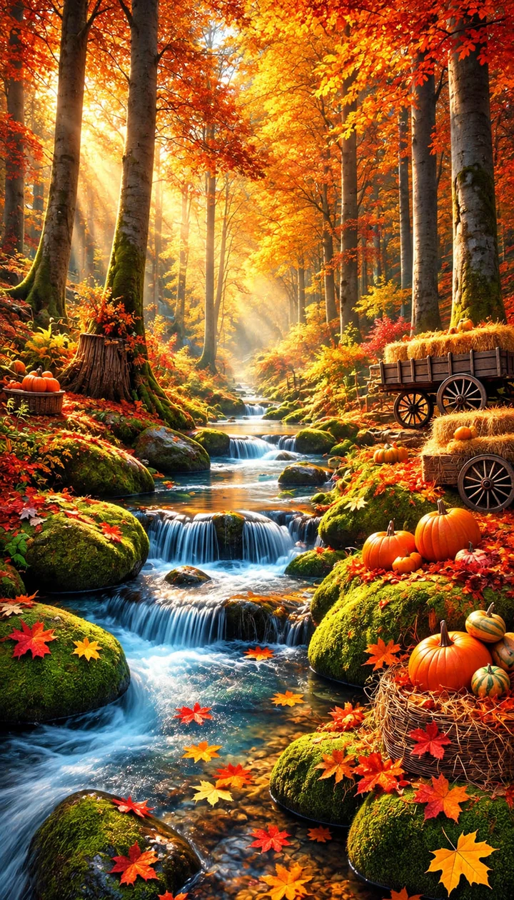 Goldener Herbstwald mit einem klaren Bach